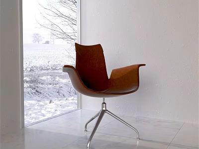 White Background Wall With Brown Chair And Window Showing Snowy Field View 3d model