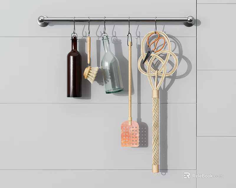 Practical Bathroom Accessories on Wall Mounted Metal Hanging Rod with Cleaning Tools 3d model 
