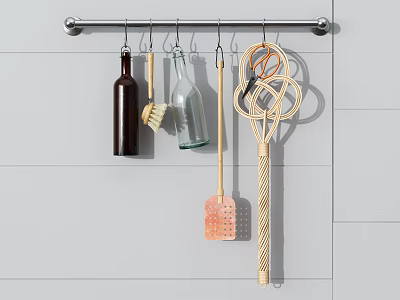 Practical Bathroom Accessories on Wall Mounted Metal Hanging Rod with Cleaning Tools 3d model