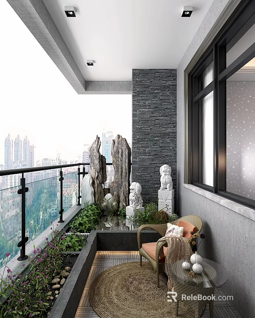 Villa Balcony With City View Glass Railing Stone Sculptures Green Plants And Cushioned Chair 3d model 