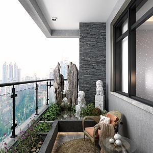 New Chinese Balcony Terrace Waterscape rockery Green Planting 3d model