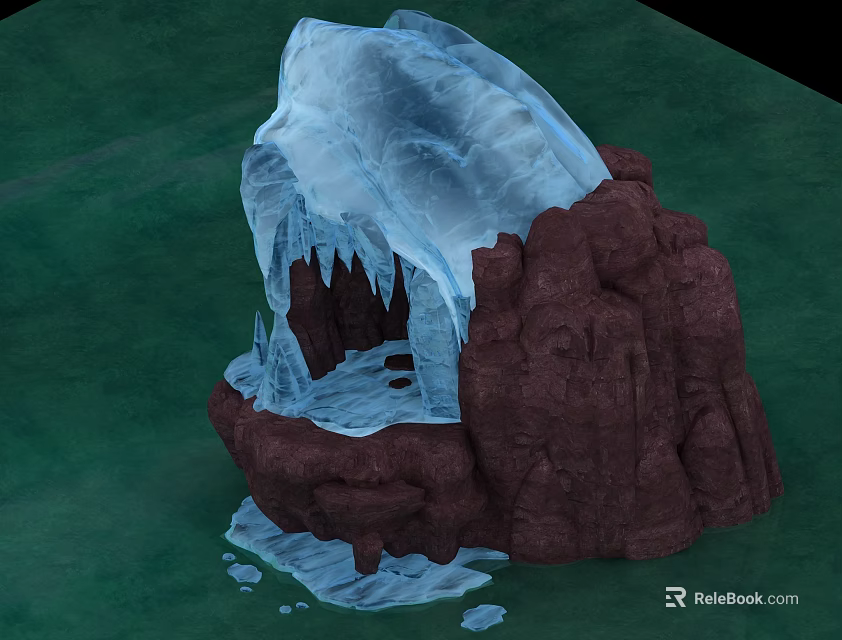Micro Terrain Model with Red Rocks Ice Icicles and Cave on Green Ground 3d model 