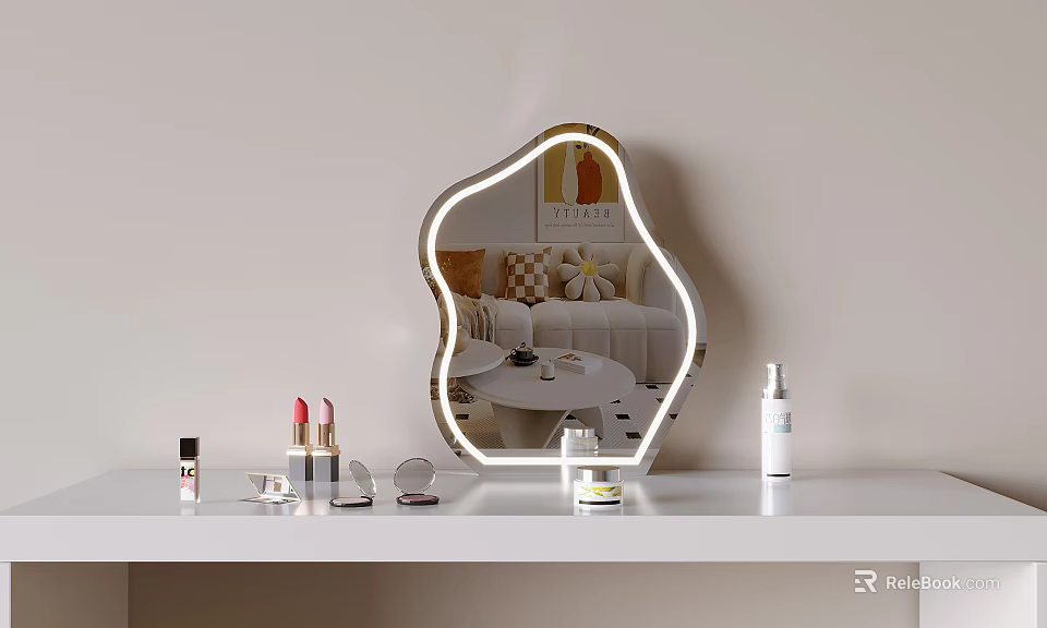 White Dressing Table With Lighted Unique Shaped Mirror And Cosmetics On Countertop 3d model