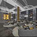 Modern Sales Office Interior With Comfortable Seating Elegant Chandeliers Decorative Walls And Reception Area