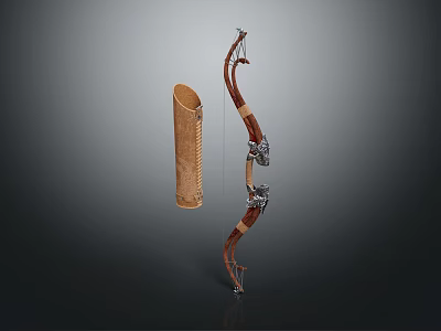 Handcrafted Traditional Wooden Bow With Metal Accents And Woven Quiver Design 3d model