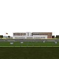 Modern School Building Exterior With Plaza Lawn And Evening Sky