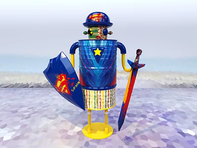 Vibrant Smart Robot With Blue Body Yellow Base Shield Sword And Star Decor On Sandy Beach 3d model