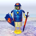 Vibrant Smart Robot With Blue Body Yellow Base Shield Sword And Star Decor On Sandy Beach