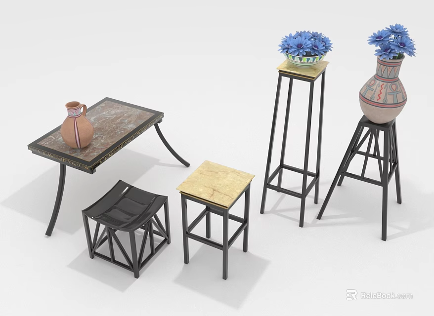 Rustic Wooden Table With Black Frame Stools And Pedestals With Vases And Blue Flowers 3d model 