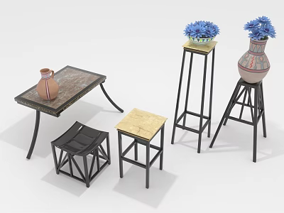 Rustic Wooden Table With Black Frame Stools And Pedestals With Vases And Blue Flowers 3d model