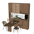 Modern Kitchen Dining Space With Wooden Table And Chairs Set And Tile Backsplash 3d model