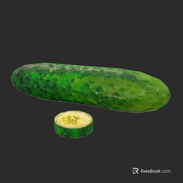 Fresh Green Whole Cucumber with Sliced Piece on Dark Background 3d model 
