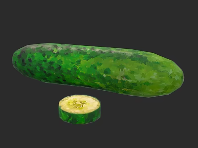 Fresh Green Whole Cucumber with Sliced Piece on Dark Background 3d model