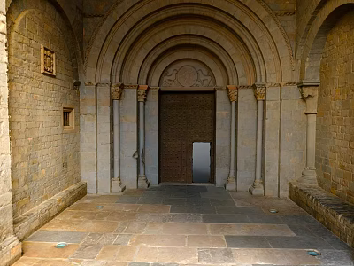 Arched Entrance Gate with Stone Walls Stone Columns Wooden Door and Slab Floor 3d model