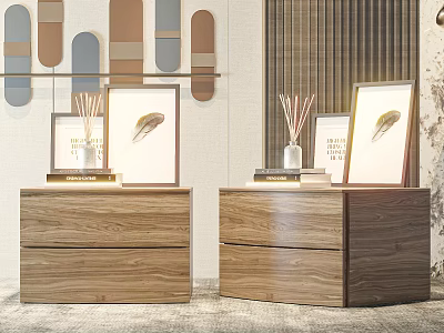 Modern Wooden Bedside Tables With Two Drawer Framed Art Reed Diffusers And Geometric Wall Decor 3d model