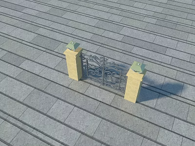 Traditional Building Facade Featuring Yellow Pillars Wrought Iron Gate And Gray Stone Pavement 3d model