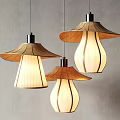 Three Mushroom Shaped Wooden Pendant Lights With Natural Fabric Shades