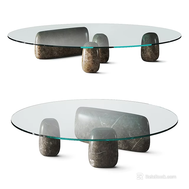 Modern Round Coffee Table With Clear Glass Top And Natural Stone Supports 3d model 
