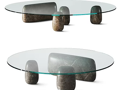 Modern Round Coffee Table With Clear Glass Top And Natural Stone Supports 3d model