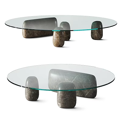 Modern Round Coffee Table With Clear Glass Top And Natural Stone Supports 3d model