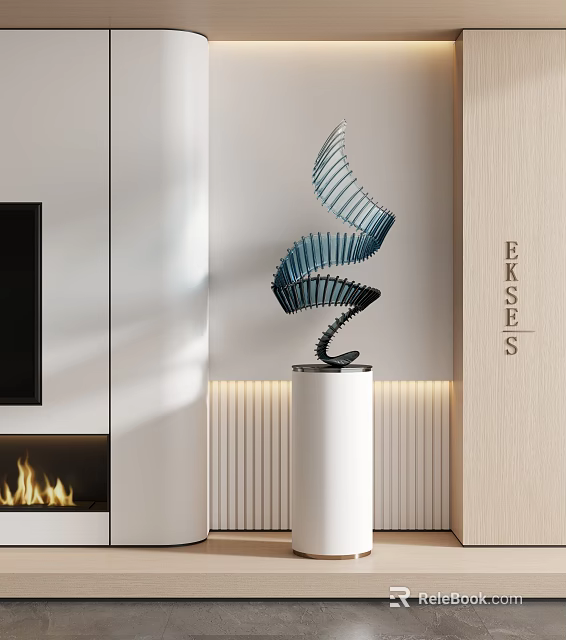 Modern Blue Spiral Metal Sculpture On White Pedestal In Indoor Interior 3d model 