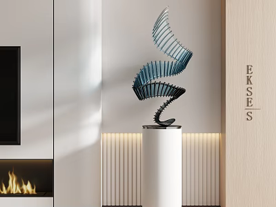 Modern Blue Spiral Metal Sculpture On White Pedestal In Indoor Interior 3d model