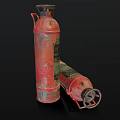 Two Vintage Red Fire Extinguishers With Green Labels And Hose On Black Background