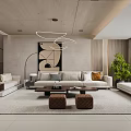 Modern Living and Dining Room Interior with Open Layout Sofa Coffee Table Fireplace and Chandelier