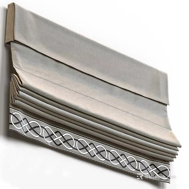 Gray Layered Curtain With Folded Design And Geometric Patterned Bottom Trim 3d model 