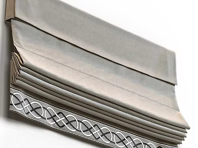 Gray Layered Curtain With Folded Design And Geometric Patterned Bottom Trim 3d model