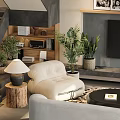 Comfortable Beige Single Sofa with Wooden Stump Lamp Green Plants and Modern Living Room Decor