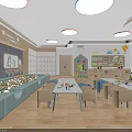 Bright Kindergarten Classroom Interior With Colorful Tables Chairs Toy Shelves And Soft Seating