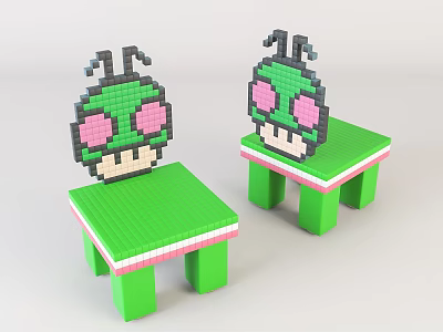 Pixel Style Children's Chairs With Green Body Cartoon Insect Backrest Pink Eyes And Black Antennae 3d model