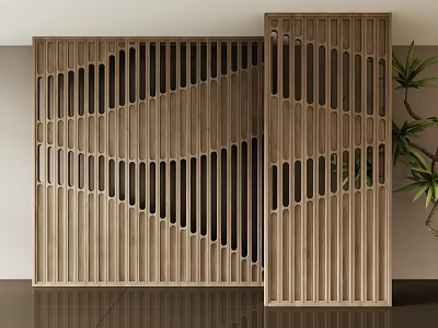 Modern Wooden Room Divider With Wavy Cut Out Design And Green Plant 3d model