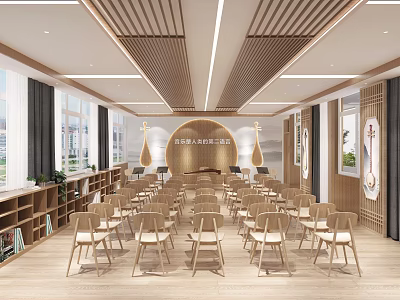 Modern Book Art Library Interior With Wooden Shelves Arranged Chairs Natural Light And Paintings 3d model