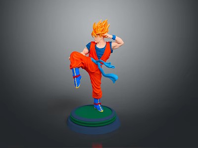 Orange Haired Anime Character In Blue Top Red Pants Kicking Pose On Green Base Figure 3d model