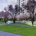 Modern Residential Landscape With Grass Lawn Trees Water Feature And Stone Pathways
