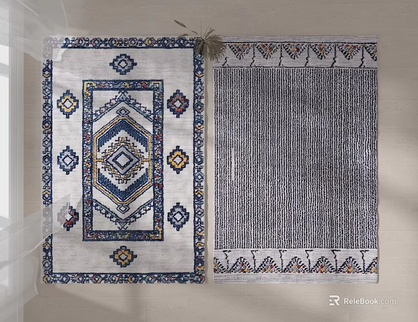 Square Rugs with Geometric Patterns Blue White Yellow and Striped Gray White Decorative Borders 3d model 