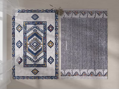 Square Rugs with Geometric Patterns Blue White Yellow and Striped Gray White Decorative Borders 3d model