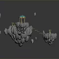 Floating Islands Featuring Green Grass Blue Dome Building And Floating Rocks
