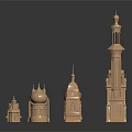 Copper Colored Commercial Complex Architectural Models With Various Towers Spires Domes And Reflections