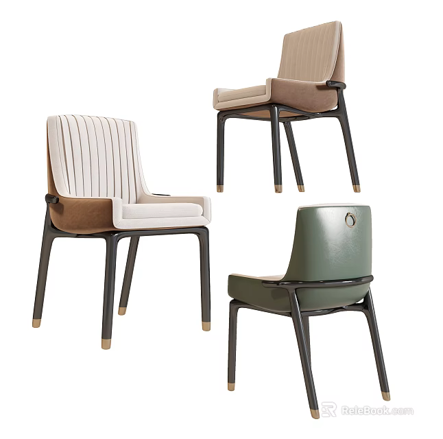 Modern Leisure Chairs With Beige Green White Stripe Upholstered Seats And Black Legs 3d model 
