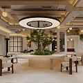 Modern Café Interior With Chandelier White Curtains Large Windows Sofa And Rug