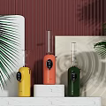 Colorful Daily Use Appliances on White Marble Countertop with Red Striped Wall and Green Plants