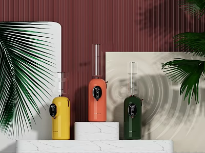 Colorful Daily Use Appliances on White Marble Countertop with Red Striped Wall and Green Plants 3d model