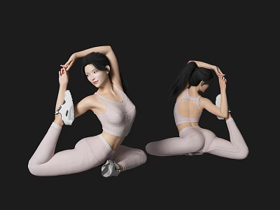 Woman Performing Yoga Stretching Pose in Pink Outfit from Two Angles Against Black Background 3d model
