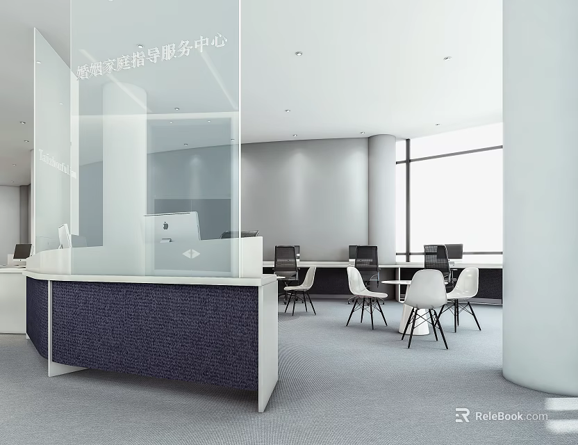 Modern Public Office Space Interior With Reception Desk Work Desks And Large Windows 3d model
