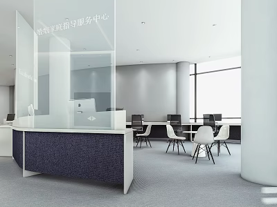 Modern Public Office Space Interior With Reception Desk Work Desks And Large Windows 3d model