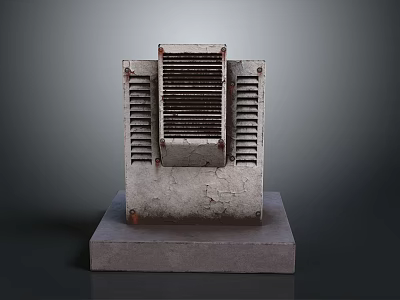Rusty Old Metal Household Appliance Featuring Grille Design On Cracked Surface And Gray Base 3d model