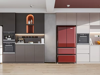 Modern Open Kitchen Interior With Red Refrigerator Gray Cabinets And White Appliances 3d model